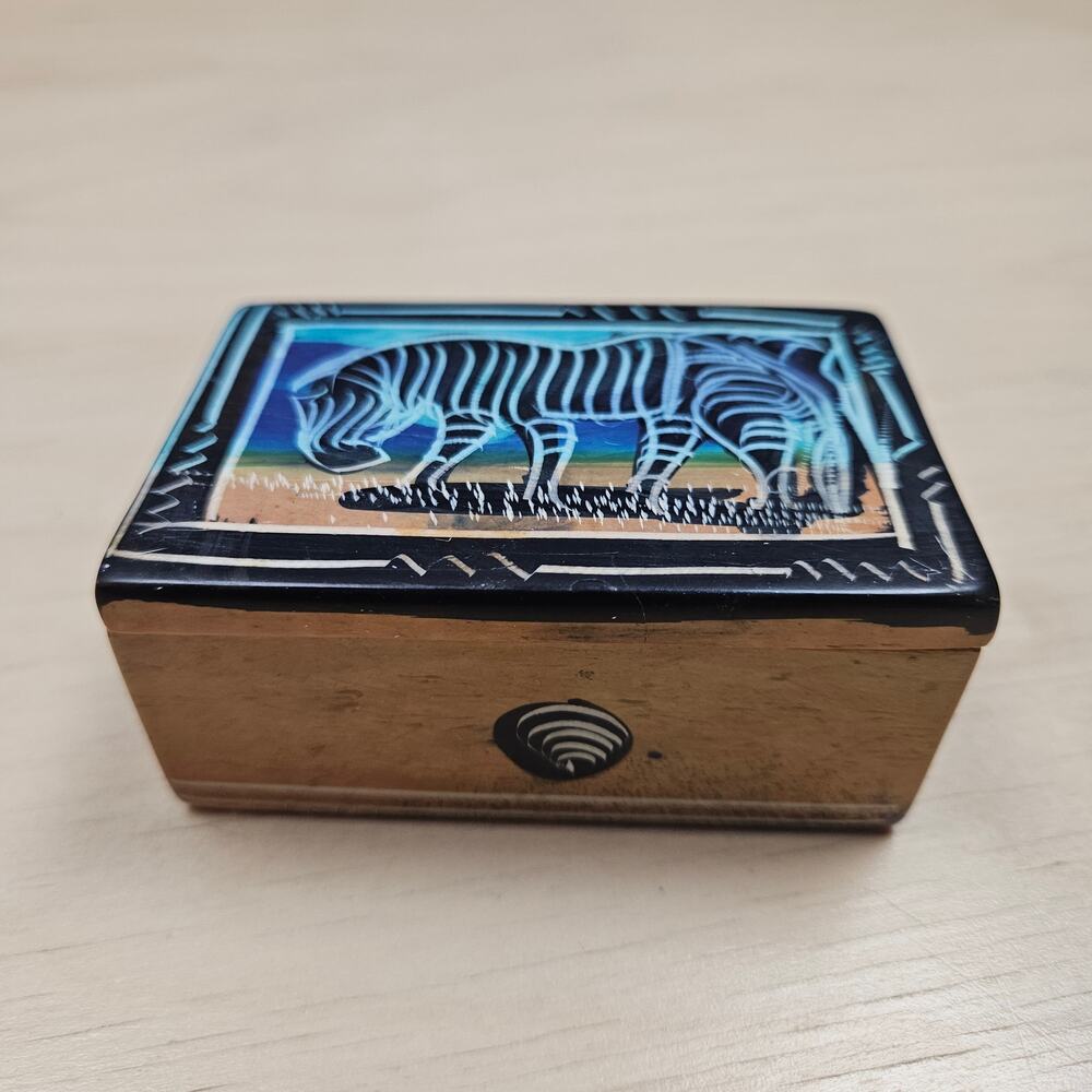 VTG Carved Soapstone Jewelry Trinket Box African Design all sides Zebra on Top